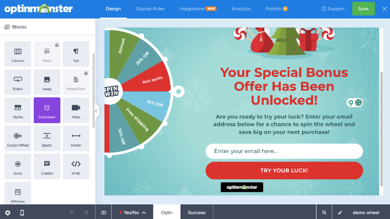 optinmonster 產生器中的優惠券輪 - IsItWP - 免費 WordPress 主題偵測器 coupon wheel in optinmonster builder