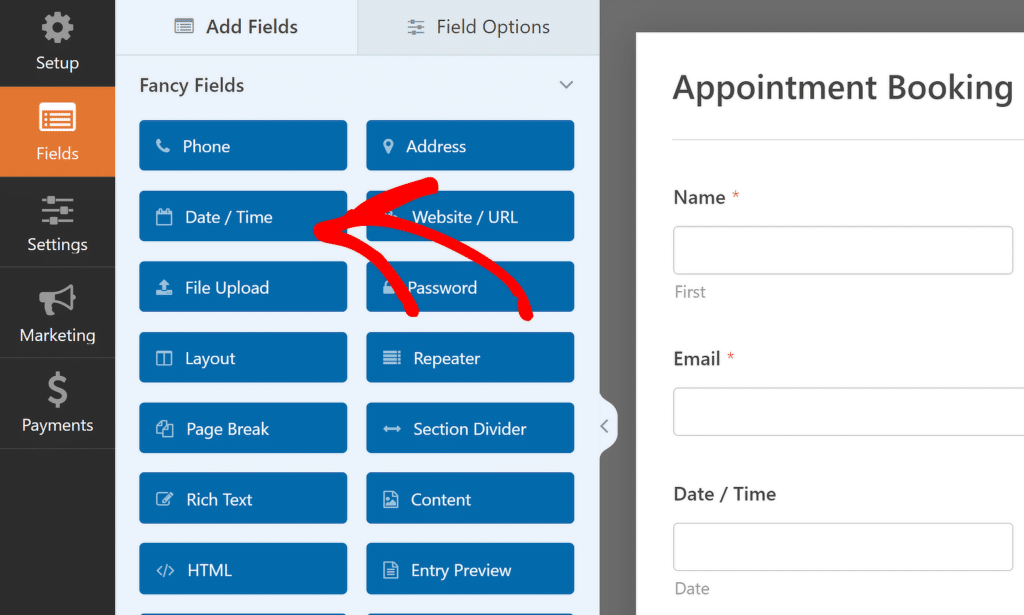 แทรกฟิลด์วันที่และเวลา - WPForms insert date time field