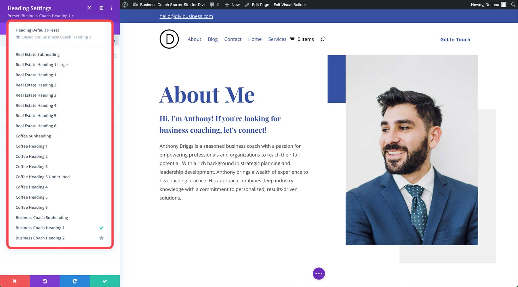 Divi의 비즈니스 코치 스타터 사이트