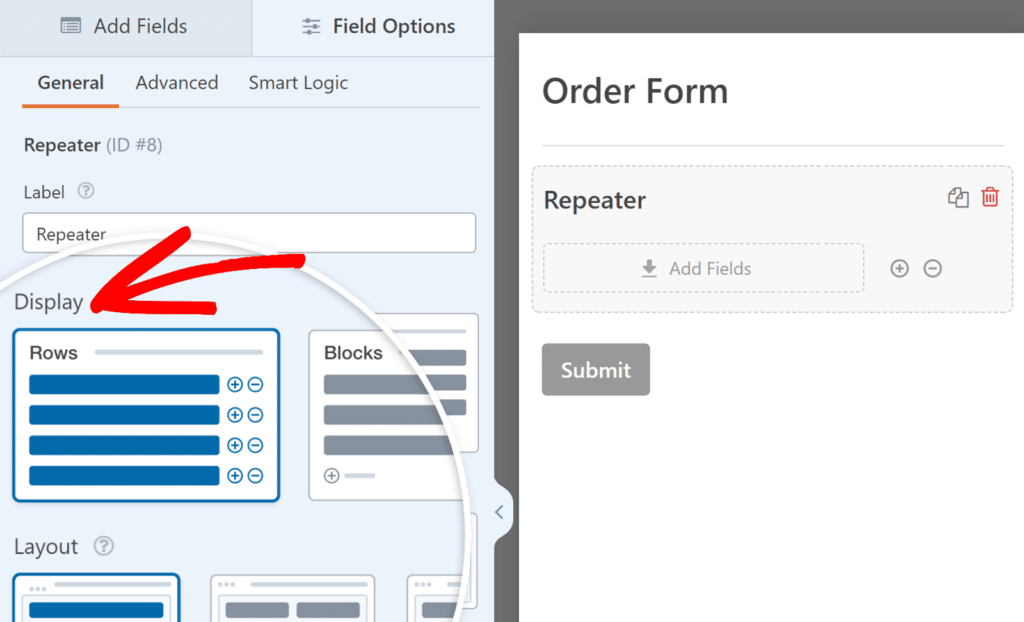 ตัวเลือกการแสดงฟิลด์ Repeater - WPForms repeater field display options