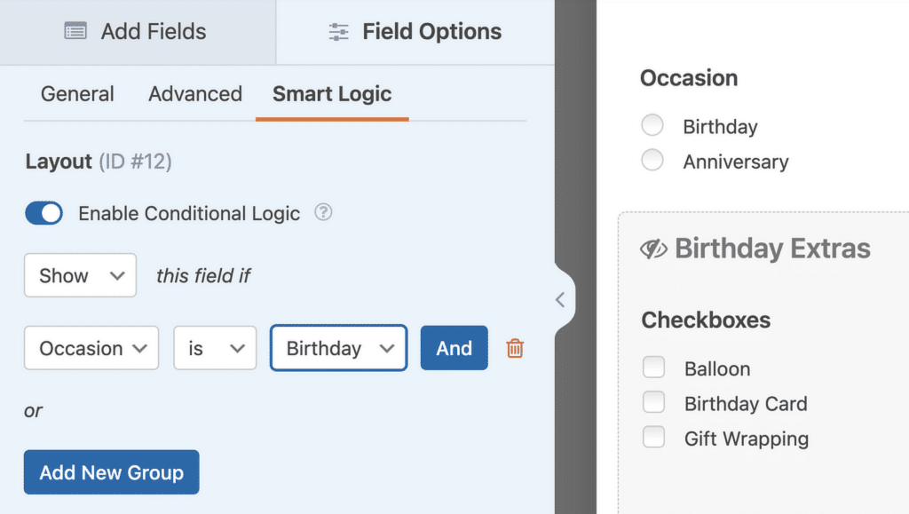 ลอจิกแบบมีเงื่อนไขของฟิลด์เลย์เอาต์ - WPForms layout field conditional logic