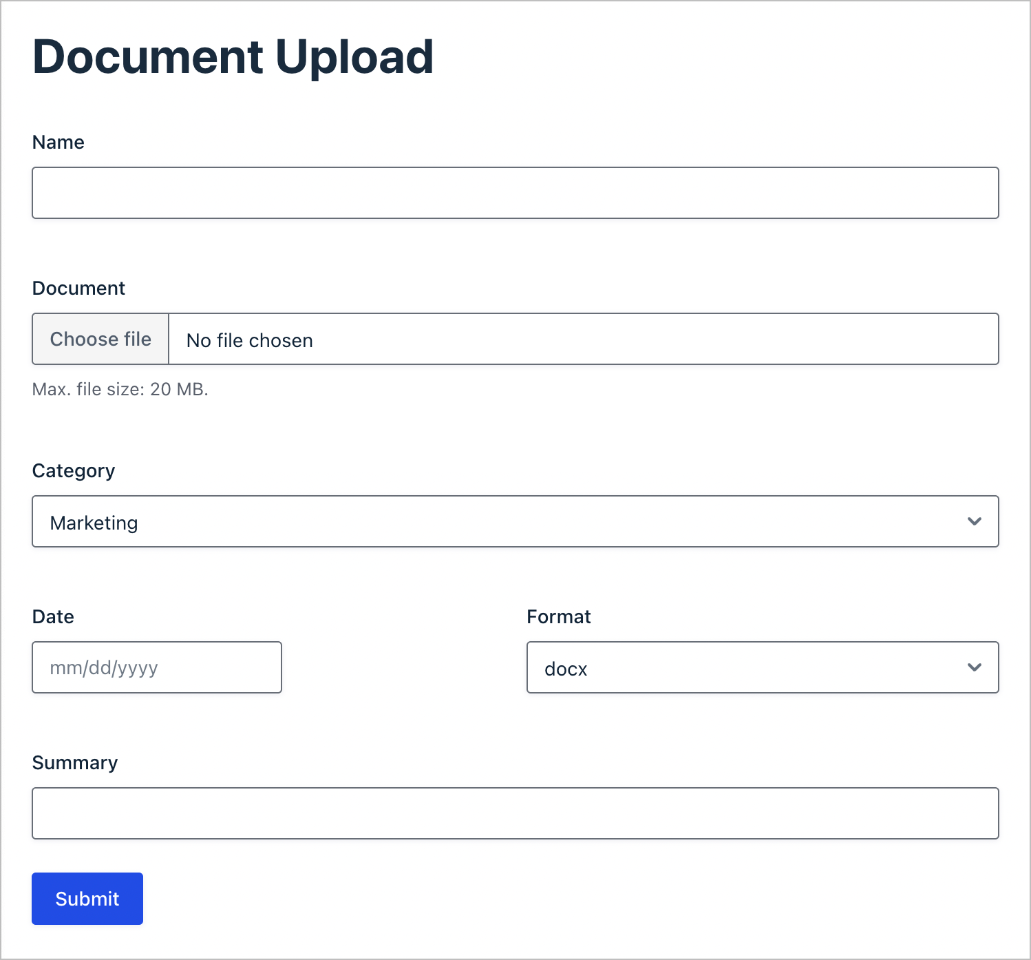 Un formulaire de téléchargement de documents construit à l'aide de Gravity Forms ; ici, il y a des champs pour le nom, le document (téléchargement de fichier), la catégorie, la date, le format et le résumé.