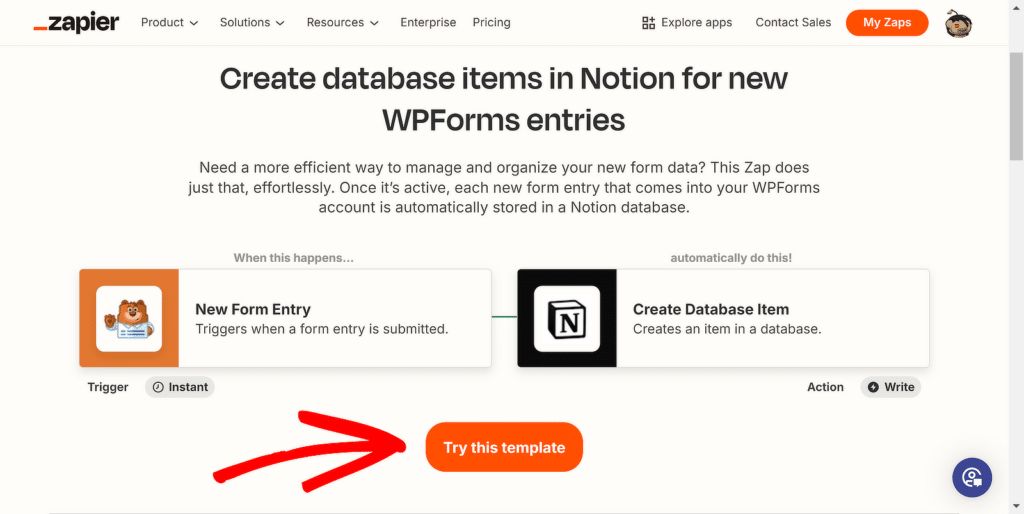 Probieren Sie die Zap-Vorlage – WPForms try zap template