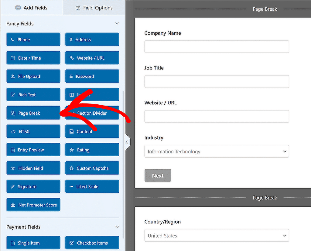 Tambahkan Bidang Istirahat Halaman - WPForms add page break field