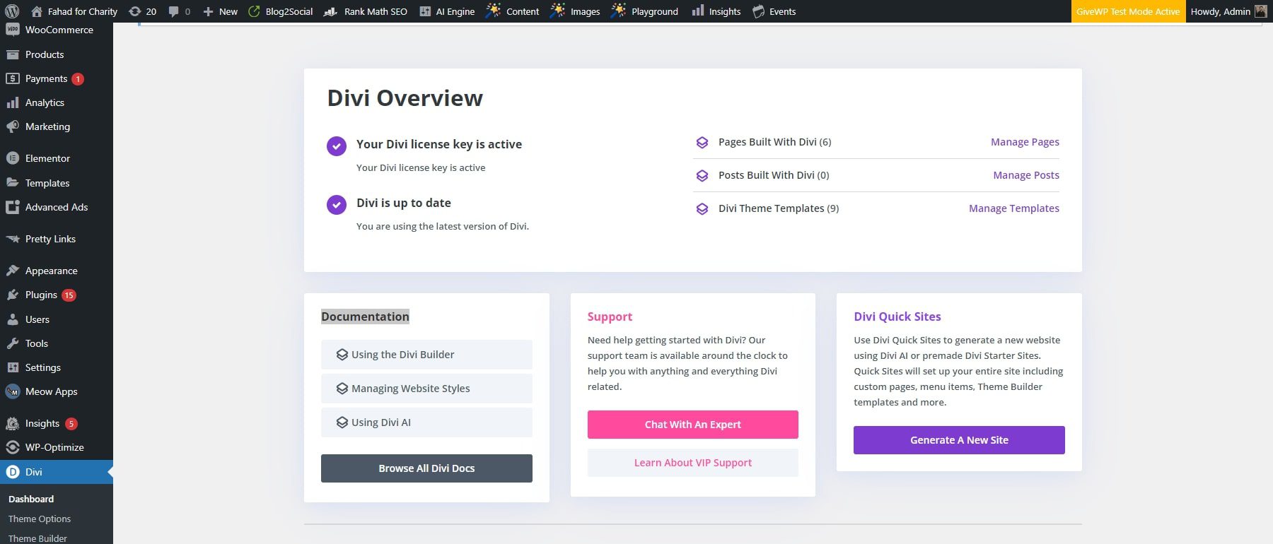 Tableau de bord des sites rapides Divi