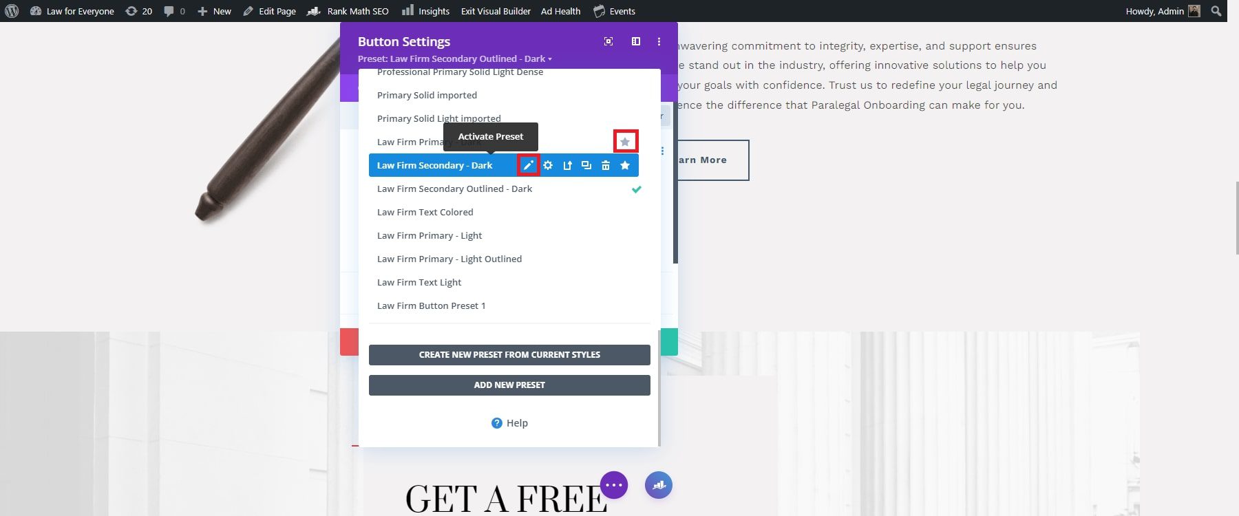 divi modifier le préréglage global