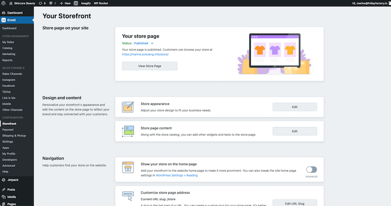 Interfaz moderna con varias opciones de marketing, productos y envío - Fuente: Interfaz Ecwid en WordPress
