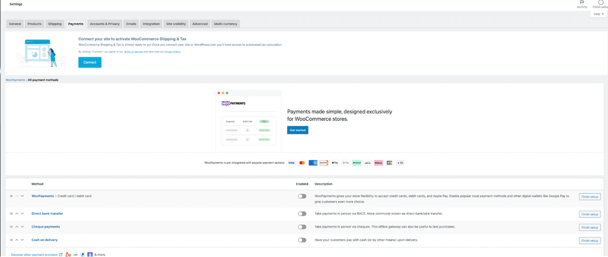 Pestaña Pagos - Fuente: Panel de WooCommerce