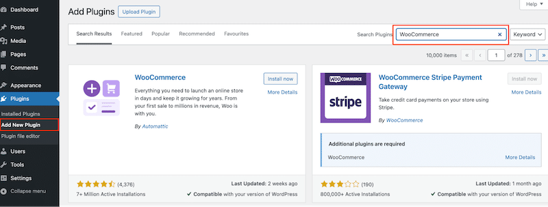 Instalación de WooCommerce - Fuente: El panel de WordPress