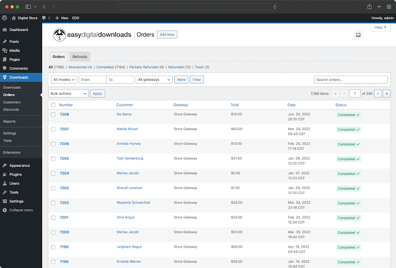 Interfaz EDD y ejemplo de informe para productos digitales - Fuente: Easy Digital Downloads Interface