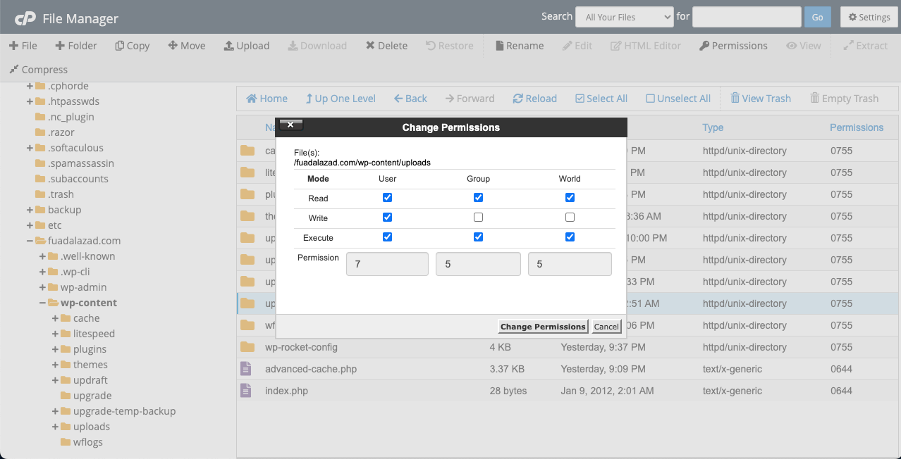 วิธีแก้ไขข้อผิดพลาดเซิร์ฟเวอร์ภายใน 500 ข้อใน WordPress 26 Set values in permission settings
