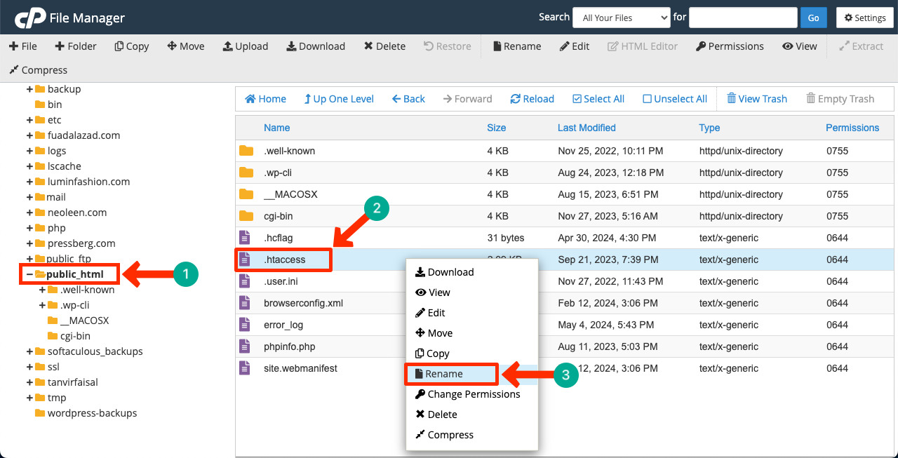 วิธีแก้ไขข้อผิดพลาดเซิร์ฟเวอร์ภายใน 500 ข้อใน WordPress 7 Rename the htaccess file on WordPress