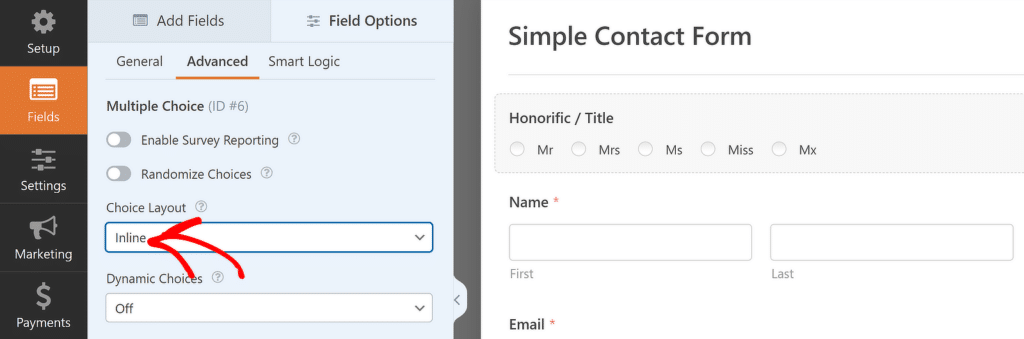 Seleccionar diseño en línea - WPForms Selecting inline layout