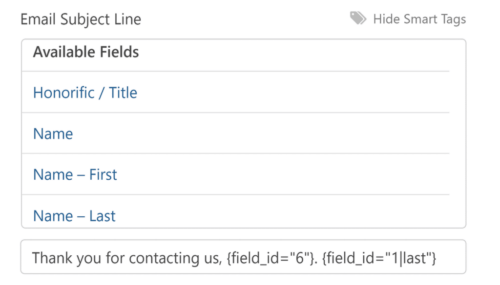 Etiquetas inteligentes de línea de asunto - WPForms Subject line smart tags