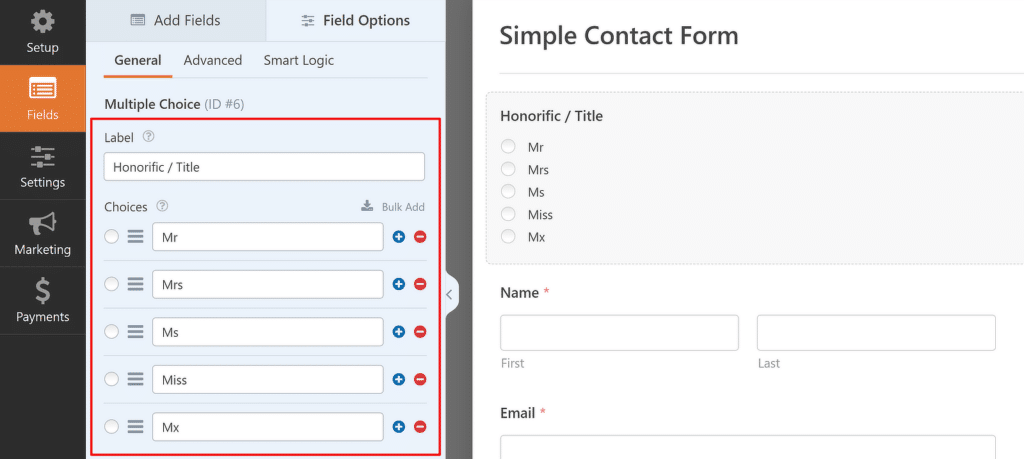 Insertar opciones en el campo de opción múltiple - WPForms Insert choices in Multiple Choice field