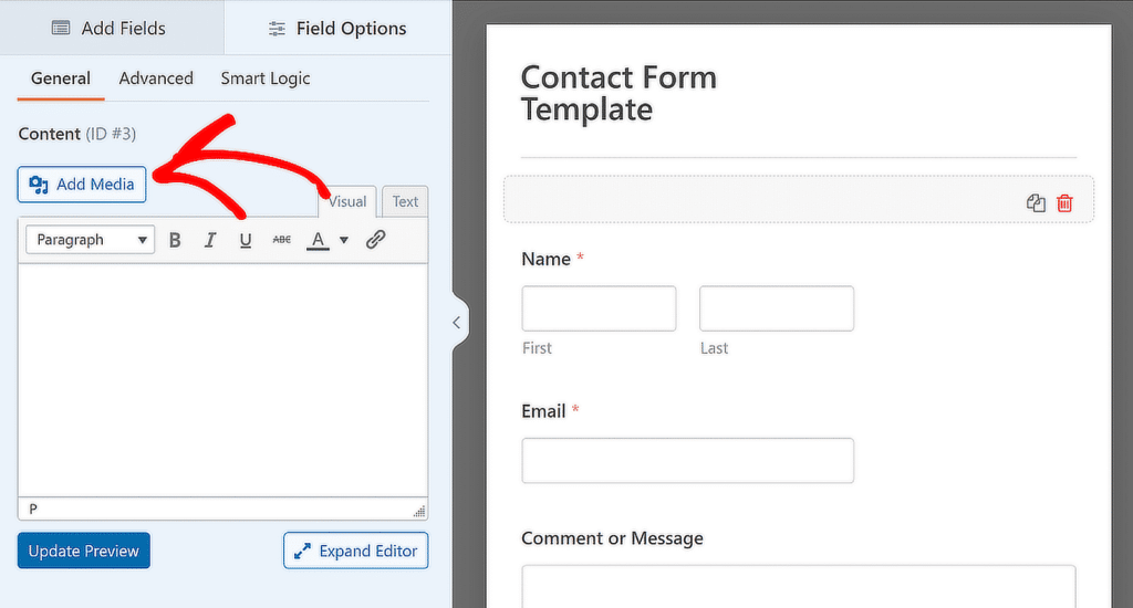 Inhaltsfeld Medien hinzufügen – WPForms content field add media