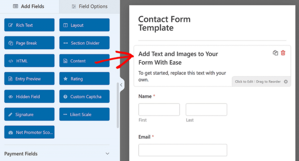 Verwenden Sie das Inhaltsfeld – WPForms use content field