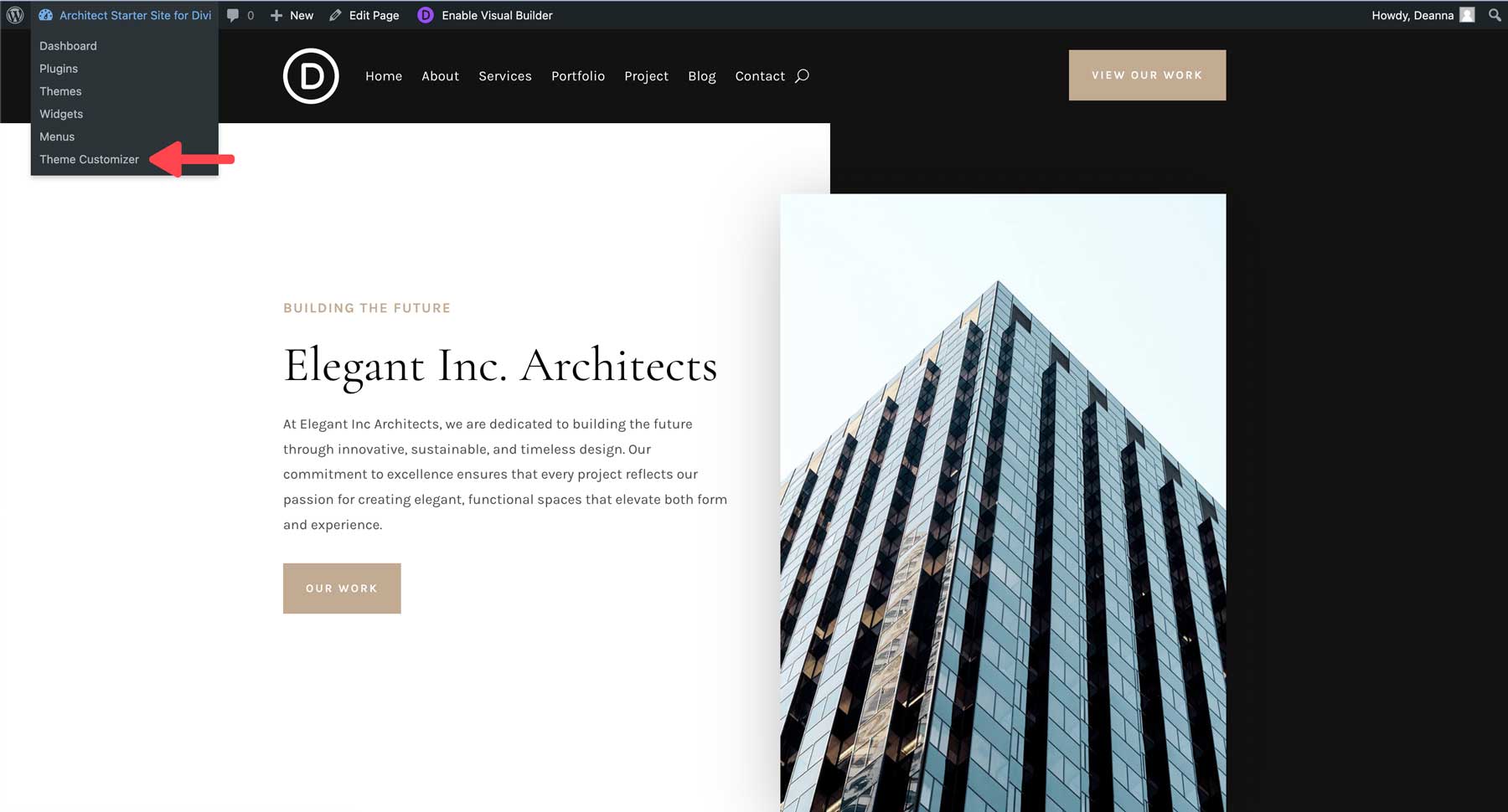 موقع بداية المهندس المعماري لـ Divi
