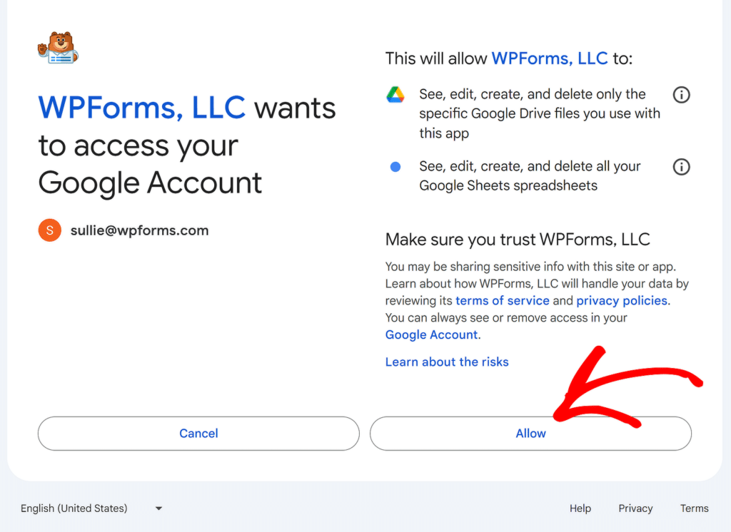 อนุญาตให้เข้าถึง Google - WPForms allow google access