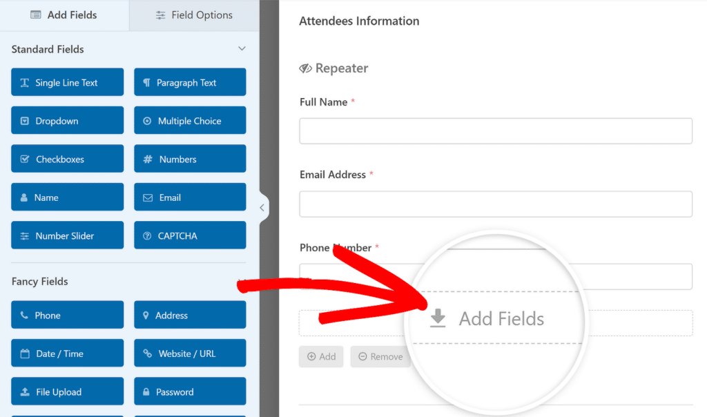 เพิ่มฟิลด์ - WPForms add repeater field