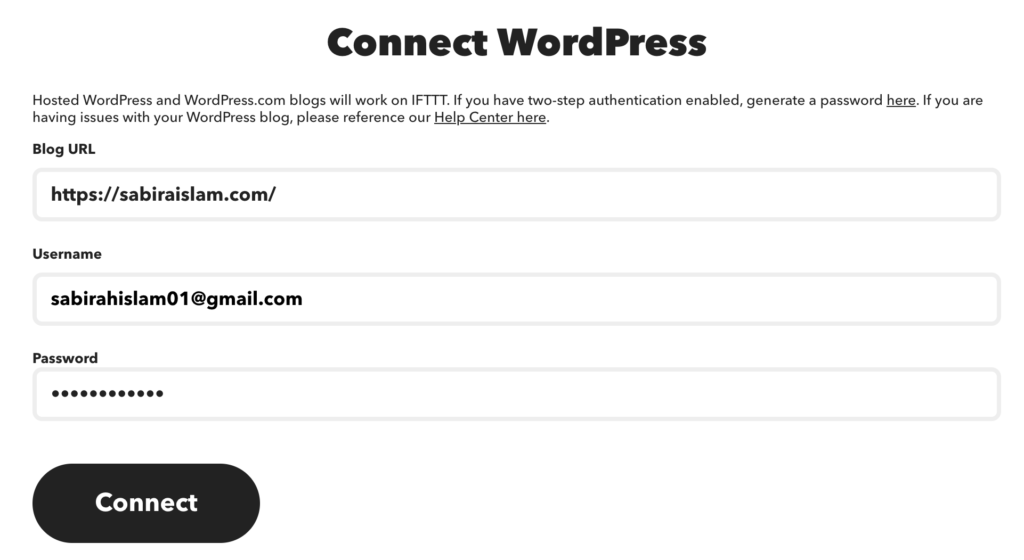 Una captura de pantalla para conectar tu wordpress.