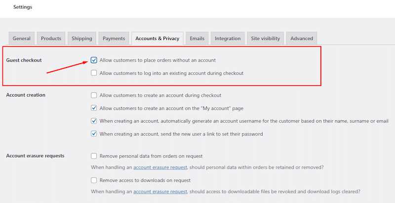 Autoriser le paiement des invités pour améliorer les conversions - Source : Mon tableau de bord WooCommerce