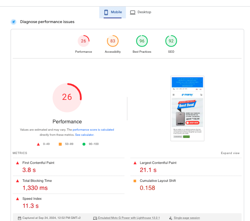 L'audit se concentre sur Core Web Vitals et d'autres mesures de performances clés, et la section Opportunités met en évidence des suggestions concrètes telles que l'optimisation des images, l'élimination des ressources bloquant le rendu, l'utilisation de la mise en cache et la réduction du JavaScript inutilisé.