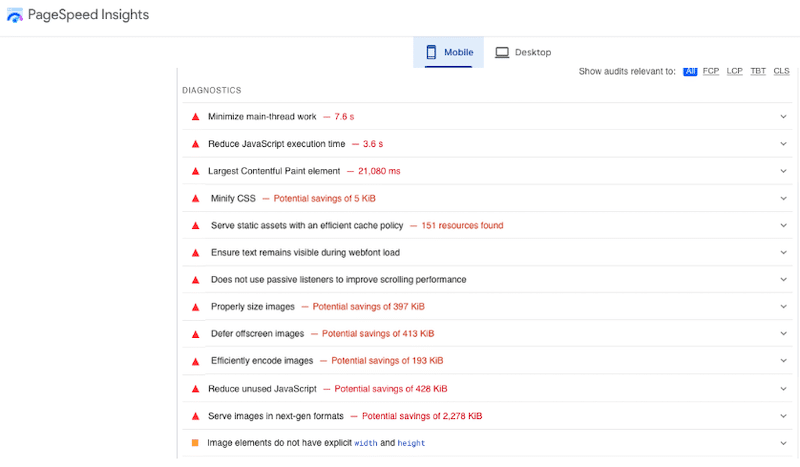 Exemple de diagnostics de performances à améliorer - Source : PageSpeed Insights