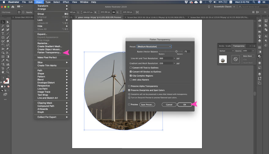 screenshot dell'azione di Adobe Illustrator: appiattisci la trasparenza ed espandi