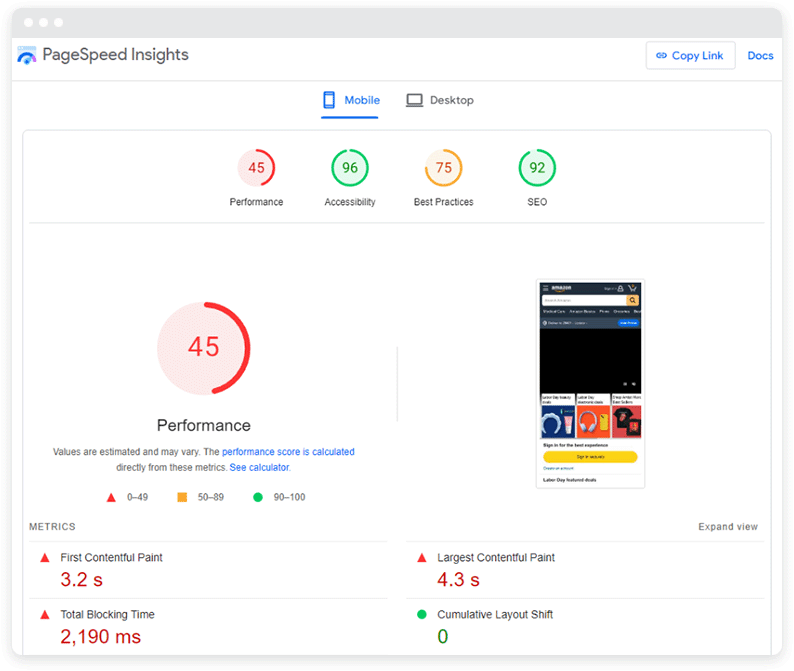 Une capture d'écran de PageSpeed Insights avec un site peu performant.