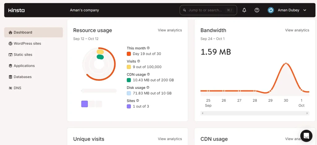 Kinsta 검토: 올바른 관리형 WordPress 호스팅 솔루션인가요? 5 mykinsta dashboard 2410