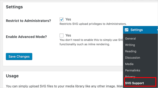 วิธีอัปโหลดไฟล์ SVG ไปยังเว็บไซต์ WordPress อย่างปลอดภัย 11 Configuring the SVG support plugin Settings