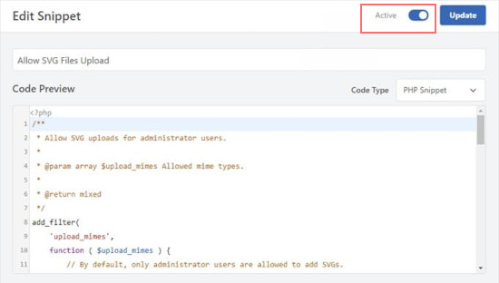 วิธีอัปโหลดไฟล์ SVG ไปยังเว็บไซต์ WordPress อย่างปลอดภัย 8 Activate the Code Snippet