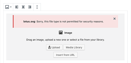 วิธีอัปโหลดไฟล์ SVG ไปยังเว็บไซต์ WordPress อย่างปลอดภัย 5 WordPress shows an error message while uploading SVG file directly to the WordPress site