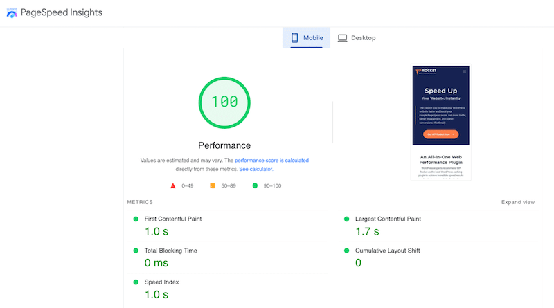 效能分數 - 來源:PageSpeed Insights