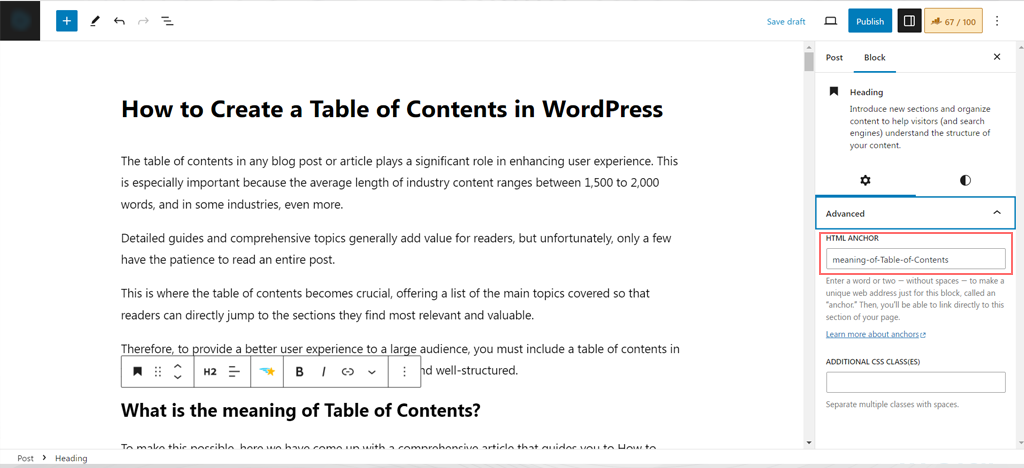 Jak utworzyć spis treści w WordPress 5 HTML Anchor