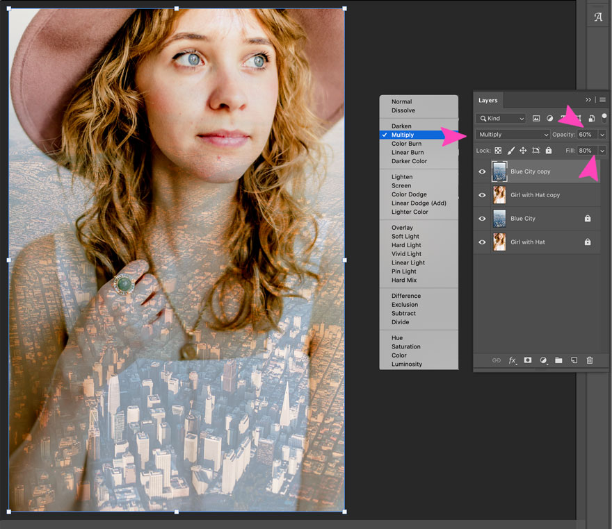 Screenshot des Multiply-Mischmodus in Photoshop