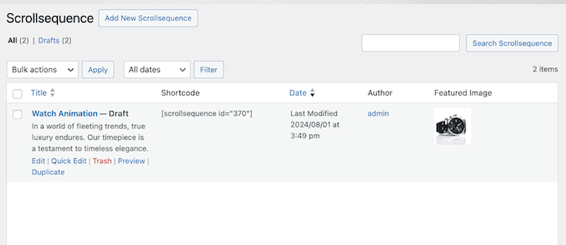 Wie füge ich einer WordPress-Website eine Scroll-Animation hinzu? 6 Drafted sequence and its Shortcode
