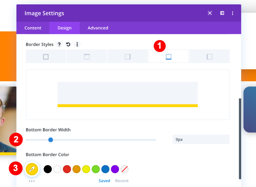 adicione uma borda inferior amarela à imagem na coluna um