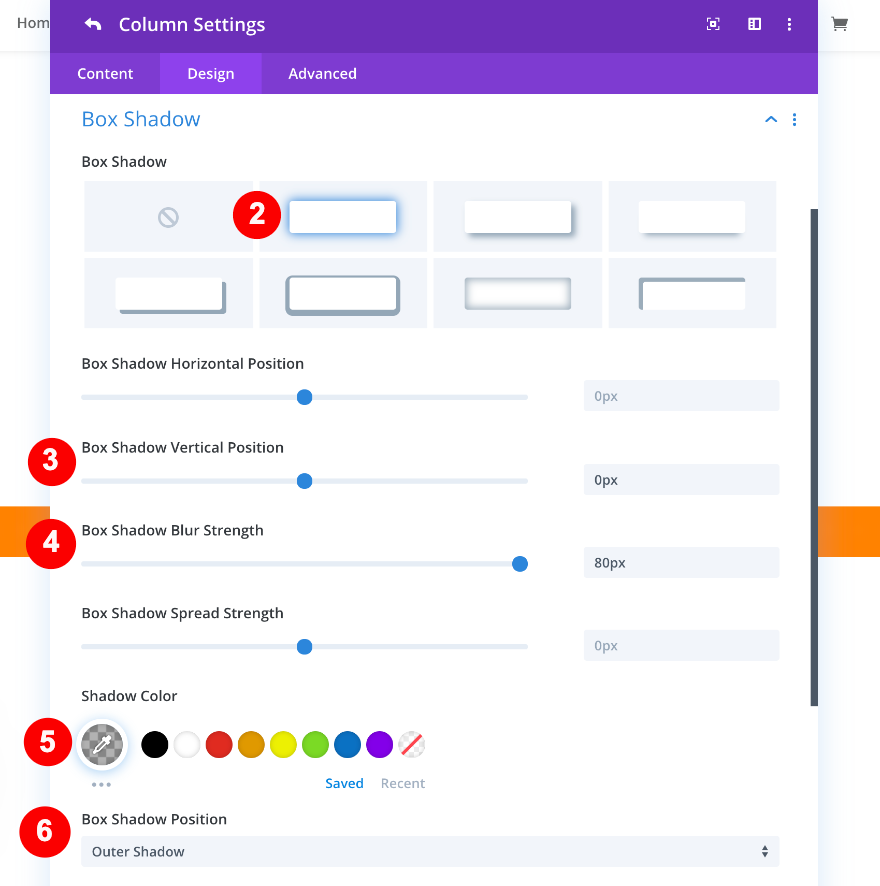 configuração de sombra da caixa para a linha um