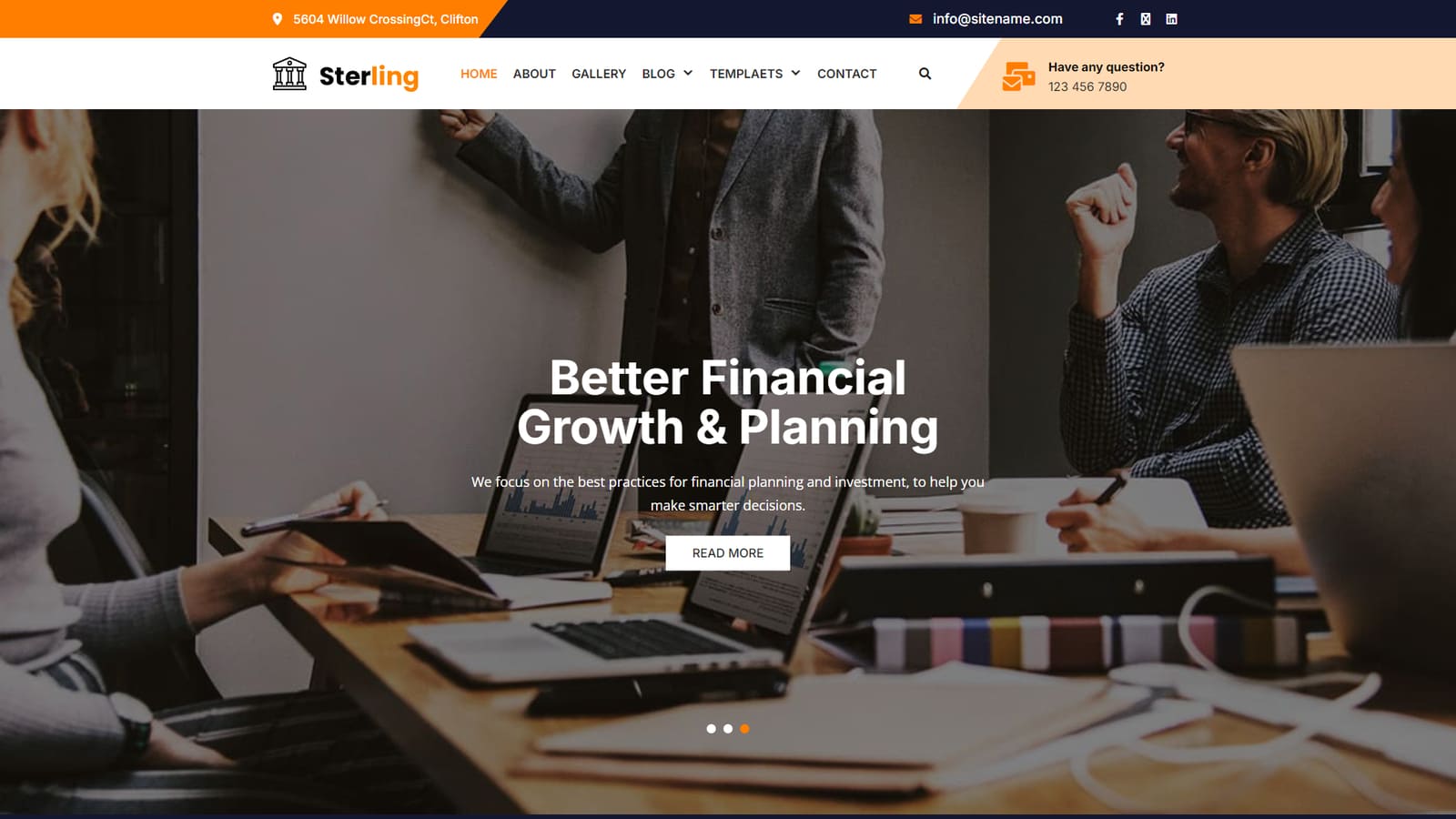 Gambar Sterling FSE, salah satu tema FSE terbaik untuk bisnis dengan bagian penggeser beranda lebar penuh.