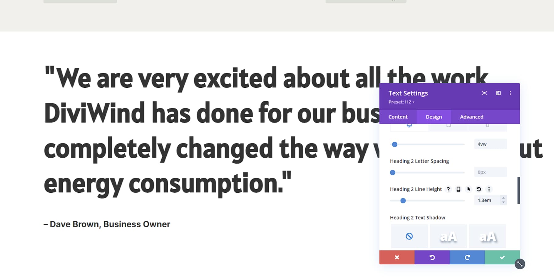 Uno screenshot di come regolare l'altezza della linea con Divi