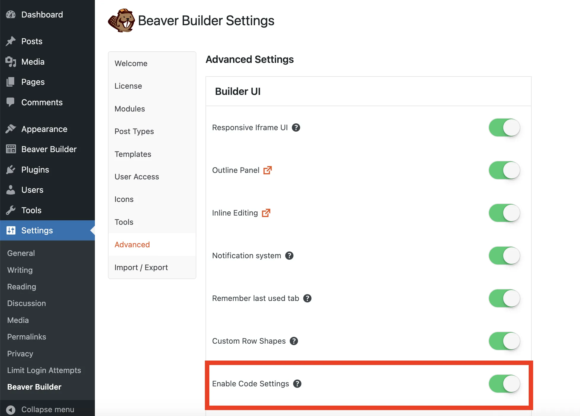 Pengaturan Beaver Builder 2.7 mengaktifkan pengaturan kode