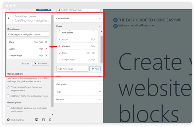 Görünümde üç panel bulunan WordPress Özelleştiricinin diyagramı.