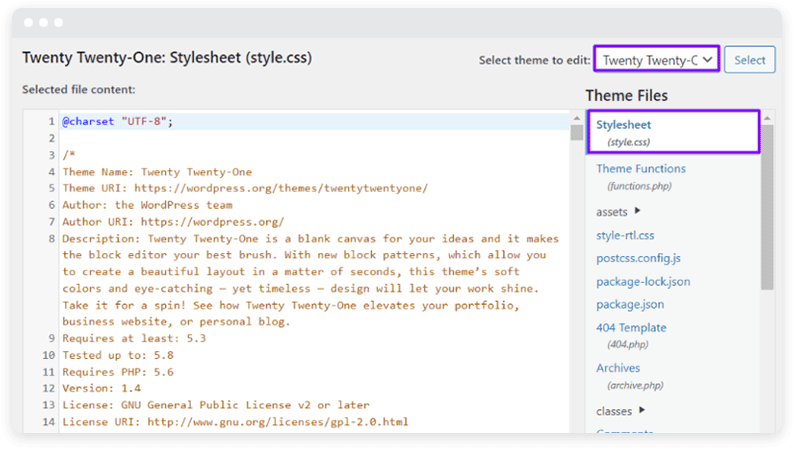 WordPress'te Yirmi Yirmi Bir temasını düzenleme diyagramı