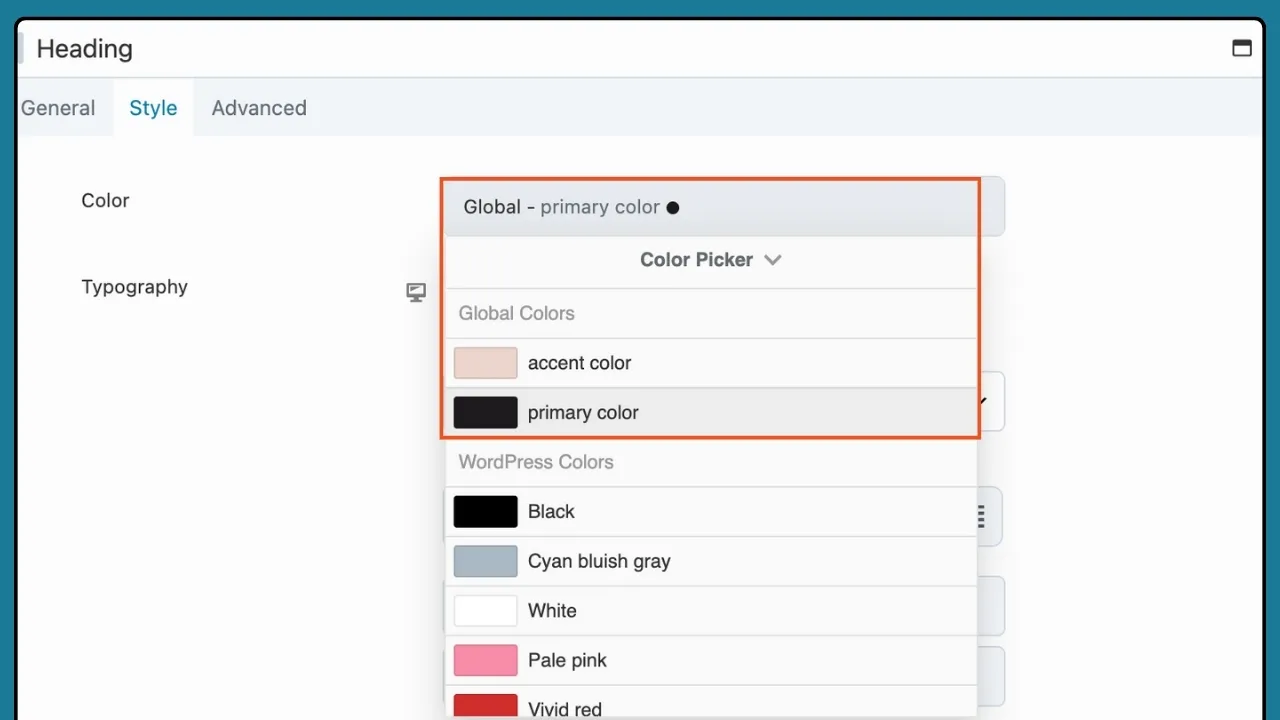 Applica il modulo di intestazione dei colori globali