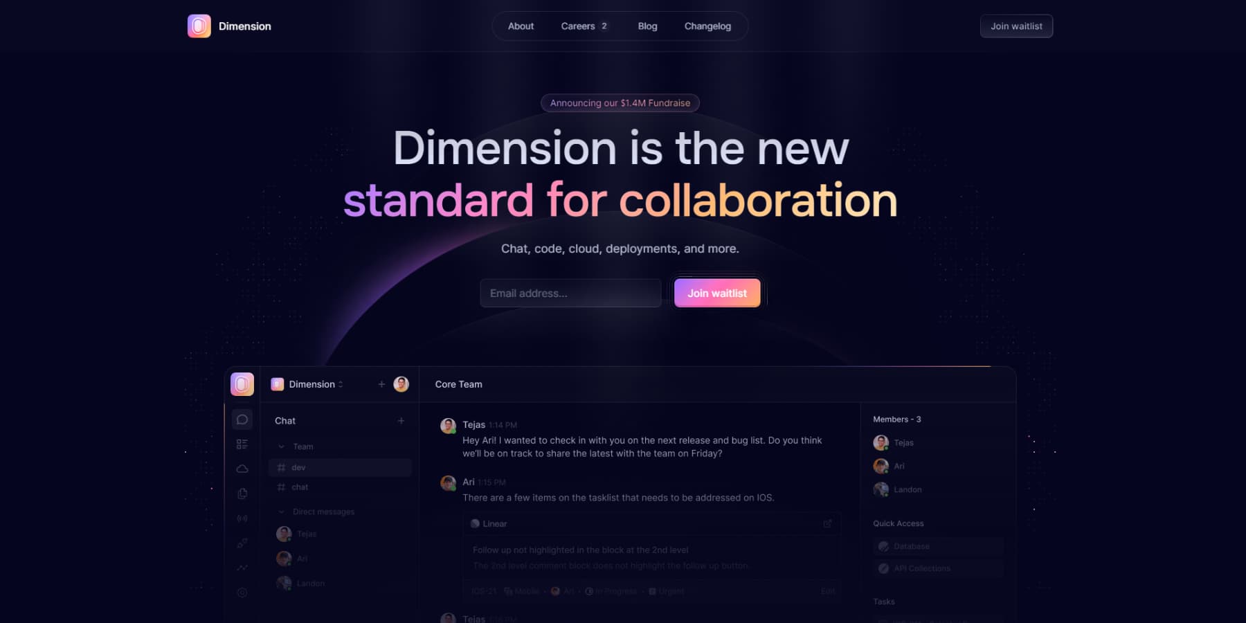 Um exemplo de esquema de cores escuras em um site da Dimension