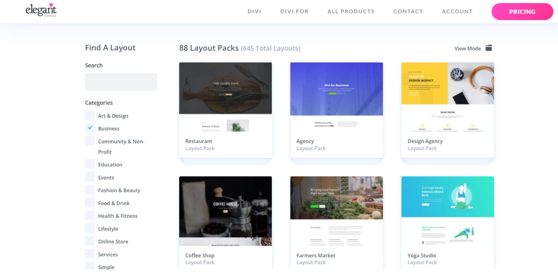 Uma captura de tela dos pacotes de layout pré-fabricados do Divi