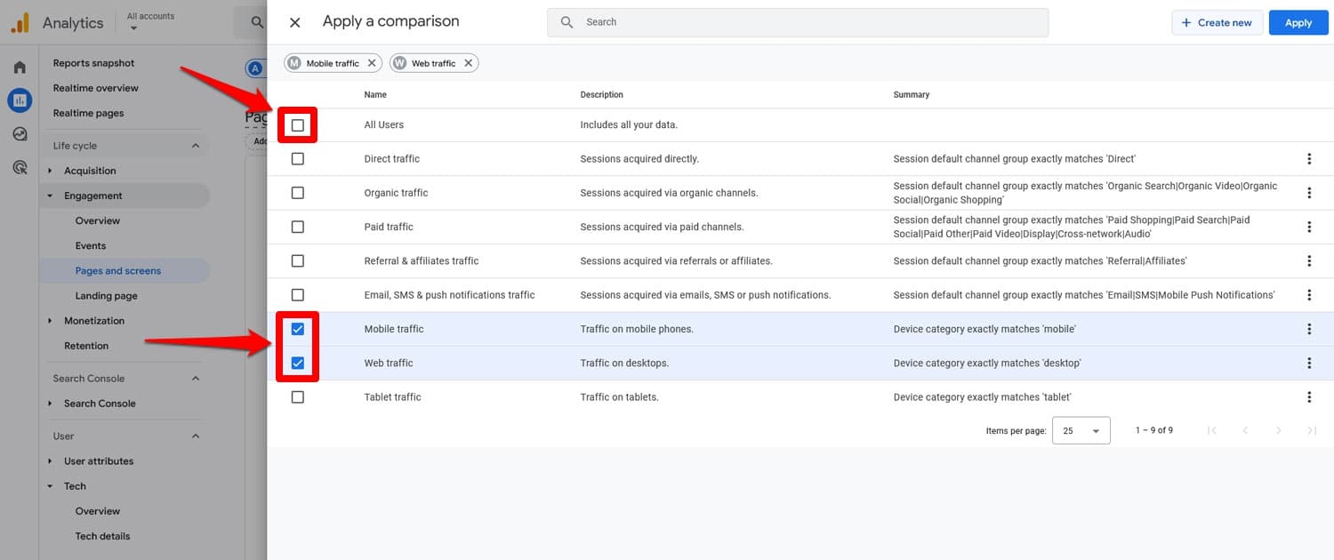 Настройте сравнение трафика с компьютеров и мобильных устройств в Google Analytics.