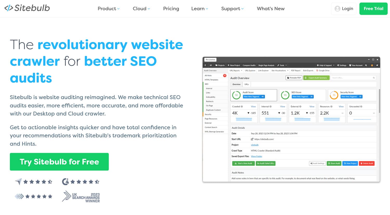 Домашняя страница инструмента сканирования веб-сайтов Sitebulb